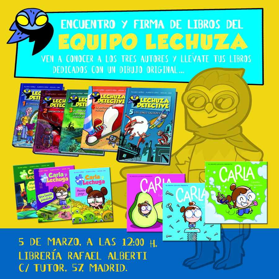 Encuentro con los tres autores de Lechuza Detective. Presentación ilustrada de la 5ª aventura de la Lechuza Detective